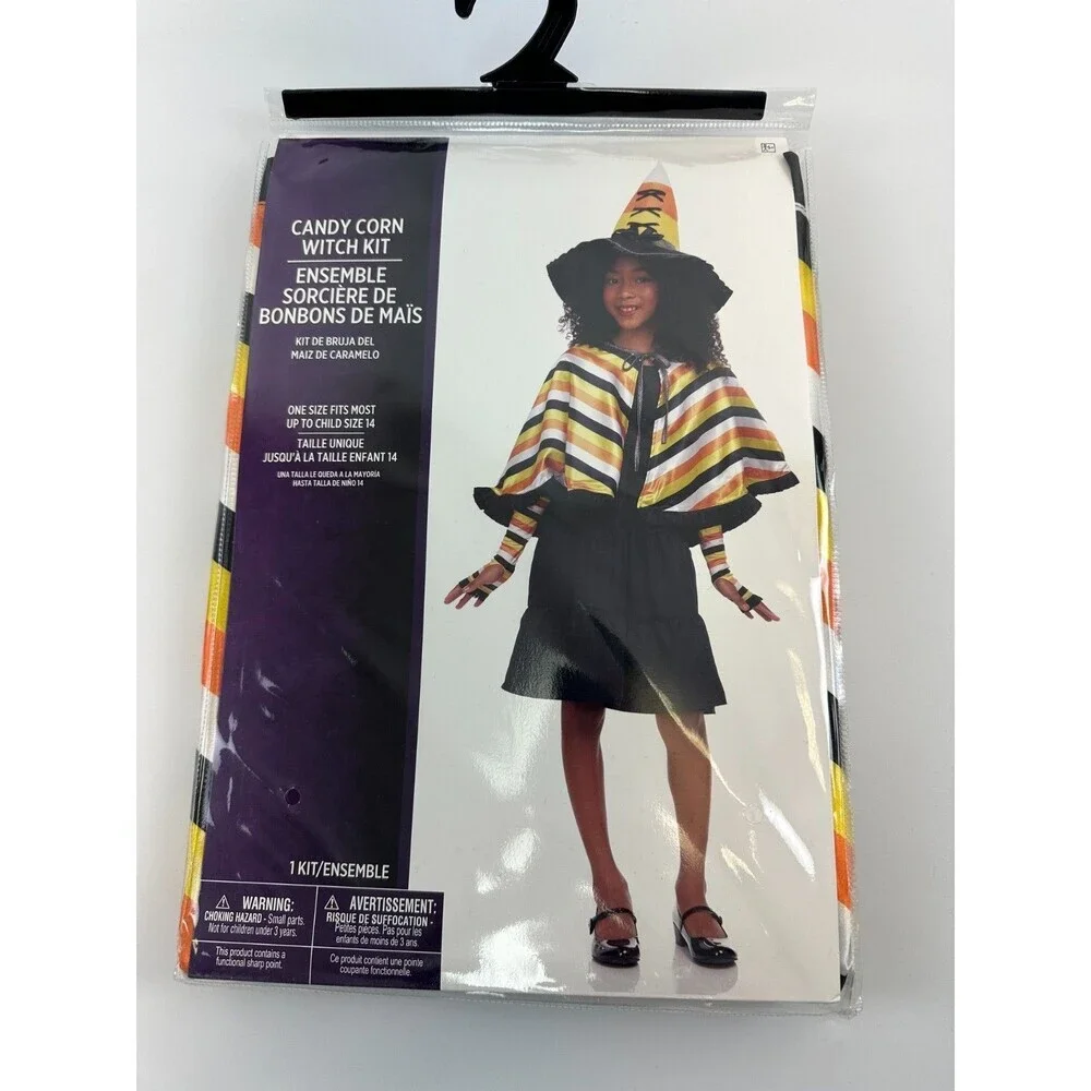 Candy Corn Witch Kit Costume Hat Cape Gloves Striped Orange One Size Kids Child